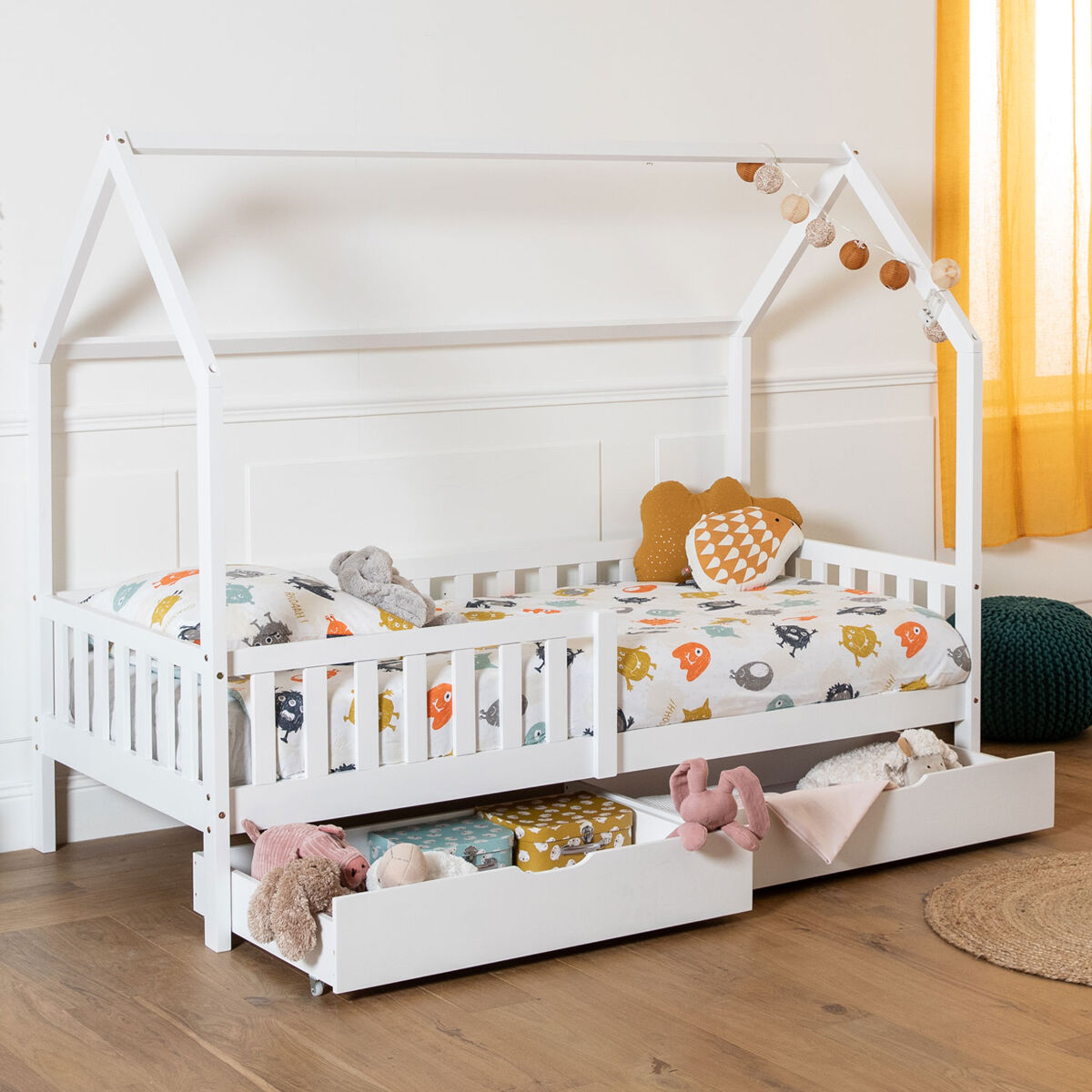 Cama cabaña blanca con cajones para enfants marceau 190x90cm