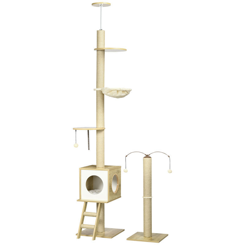 Pawhut árvore para gatos do chão ao teto 220-260cm árvore arranhador para gatos com altura ajustável plataformas rede caverna poste de juta rampa e
