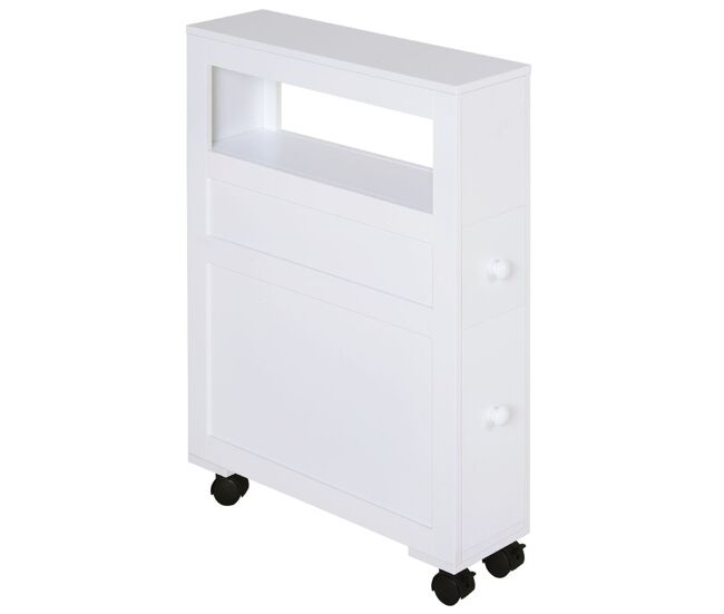 Homcom móvel auxiliar casa de banho móvel casa de banho para espaços reduzidos com 4 rodas prateleira aberta e gavetas 16x52x71,5 cm branco