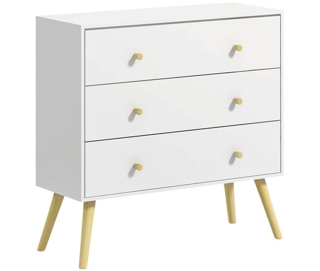 Homcom cómoda com 3 gavetas cómoda de dormitório com pés de madeira de pinho para sala de estar escritório carga máxima 70 kg 80x30x80 cm branco e