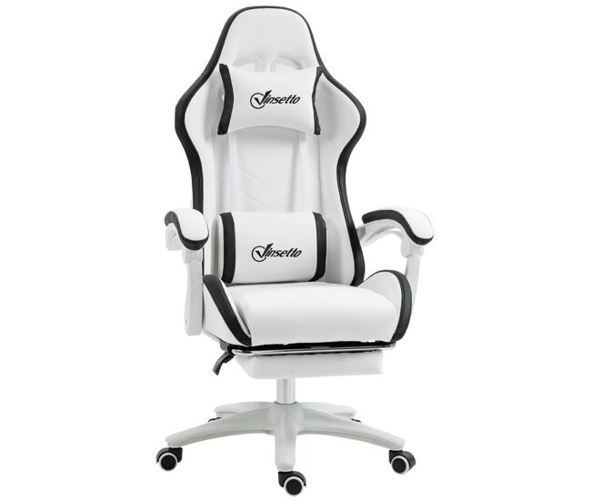 Vinsetto cadeira gaming cadeira gamer racing de couro pu com altura ajustável reclinável 135° apoio para a cabeça e apoio para os pés retrátil para escritório estúdio 65x65x121-129 cm blanc e noir