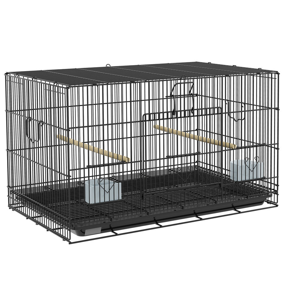 Pawhut gaiola para pássaros 77x46x45 cm gaiola de metal para pássaros com bandeja amovível 2 poleiros e 2 comedouros para periquitos canários preto