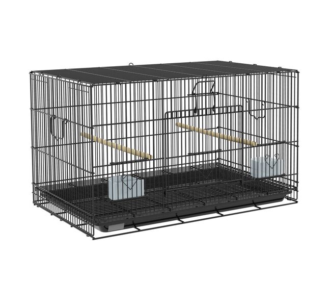Pawhut gaiola para pássaros 77x46x45 cm gaiola de metal para pássaros com bandeja amovível 2 poleiros e 2 comedouros para periquitos canários preto