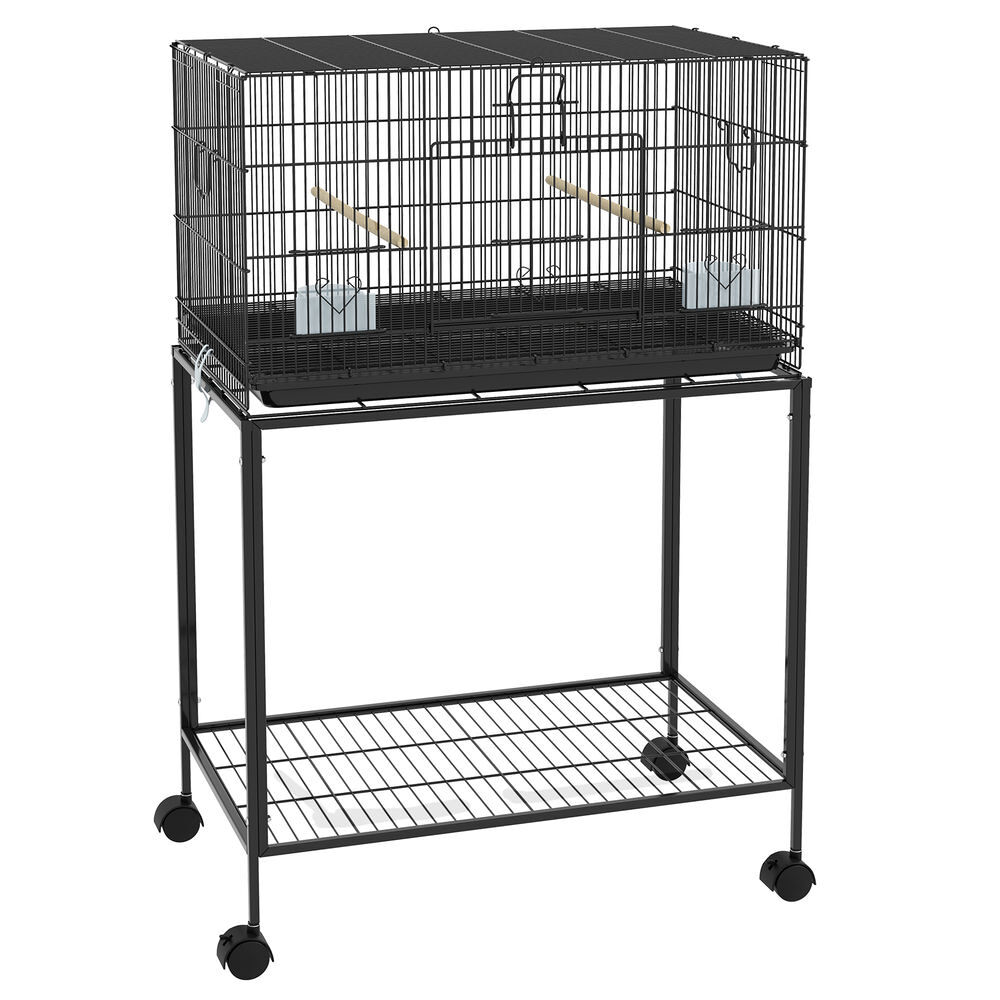 Pawhut gaiola para pássaros com rodas 77x46x119 cm gaiola de metal para pássaros com bandeja amovível 2 poleiros 2 comedouros e prateleira de
