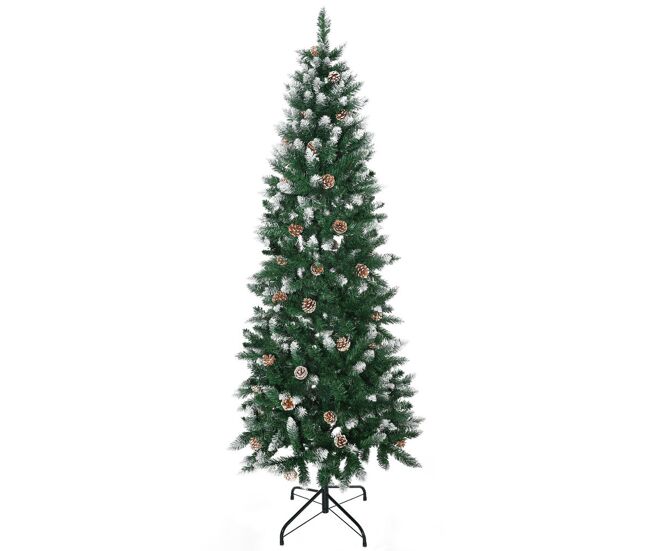 Homcom árvore de natal artificial com neve 180 cm 508 ramos realistas 49 pinhas base dobrável e suporte de aço para interior ø73x180 cm verde e branco
