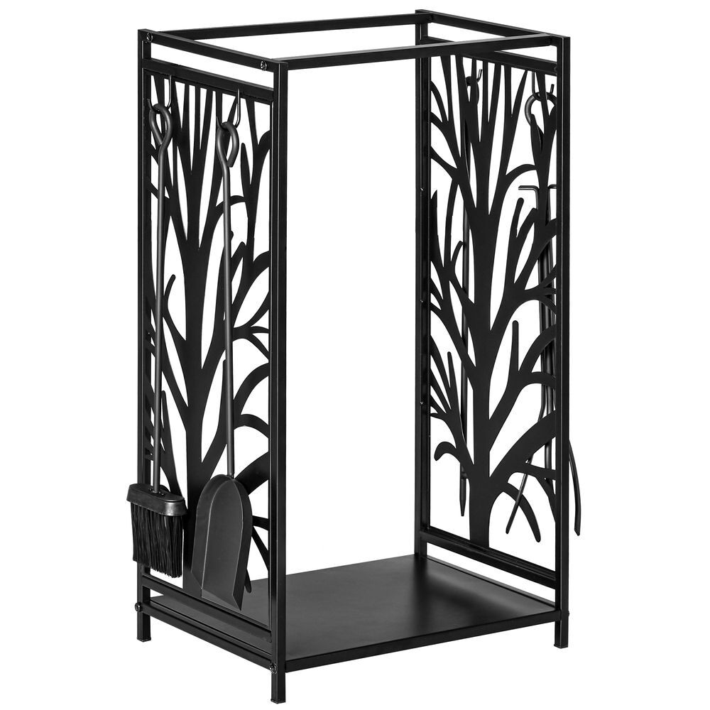 Homcom suporte para lenhas suporte de armazenamento para lenhas 46x30x70 cm suporte para lenhas com 4 ferramentas para interior e exterior preto