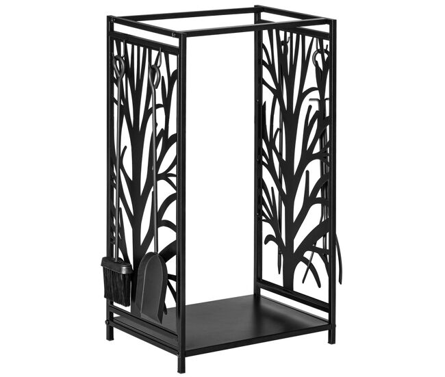 Homcom suporte para lenhas suporte de armazenamento para lenhas 46x30x70 cm suporte para lenhas com 4 ferramentas para interior e exterior preto