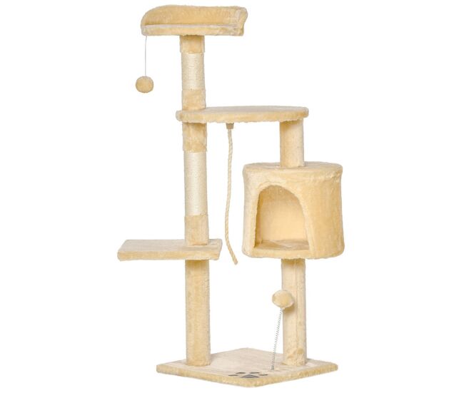 Pawhut arranhador para gatos grande arranhador para gatos com plataformas caverna cama e bolas suspensa 40x40x114 cm bege