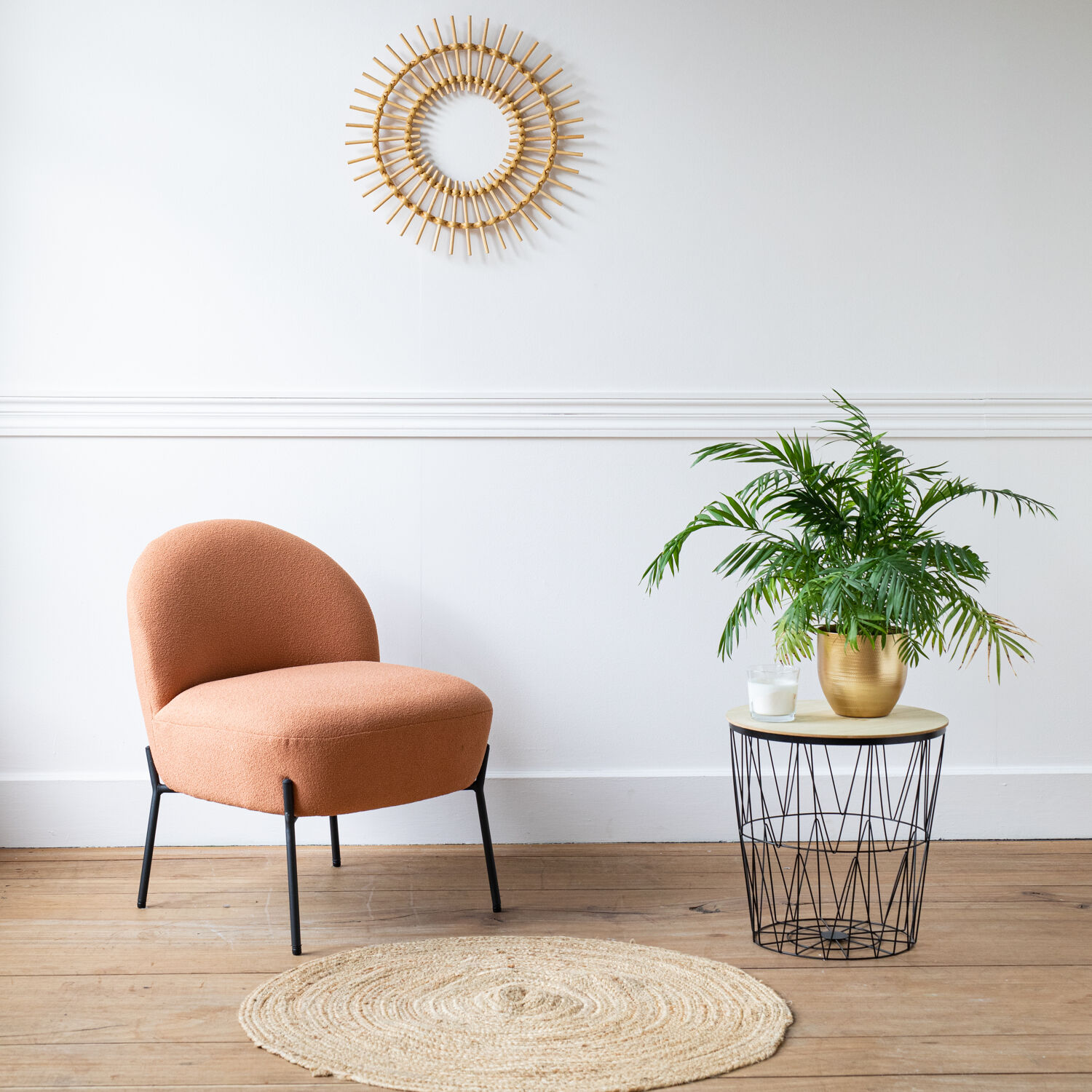 Cadeira de braços HELMI em tecido bouclé Laranja