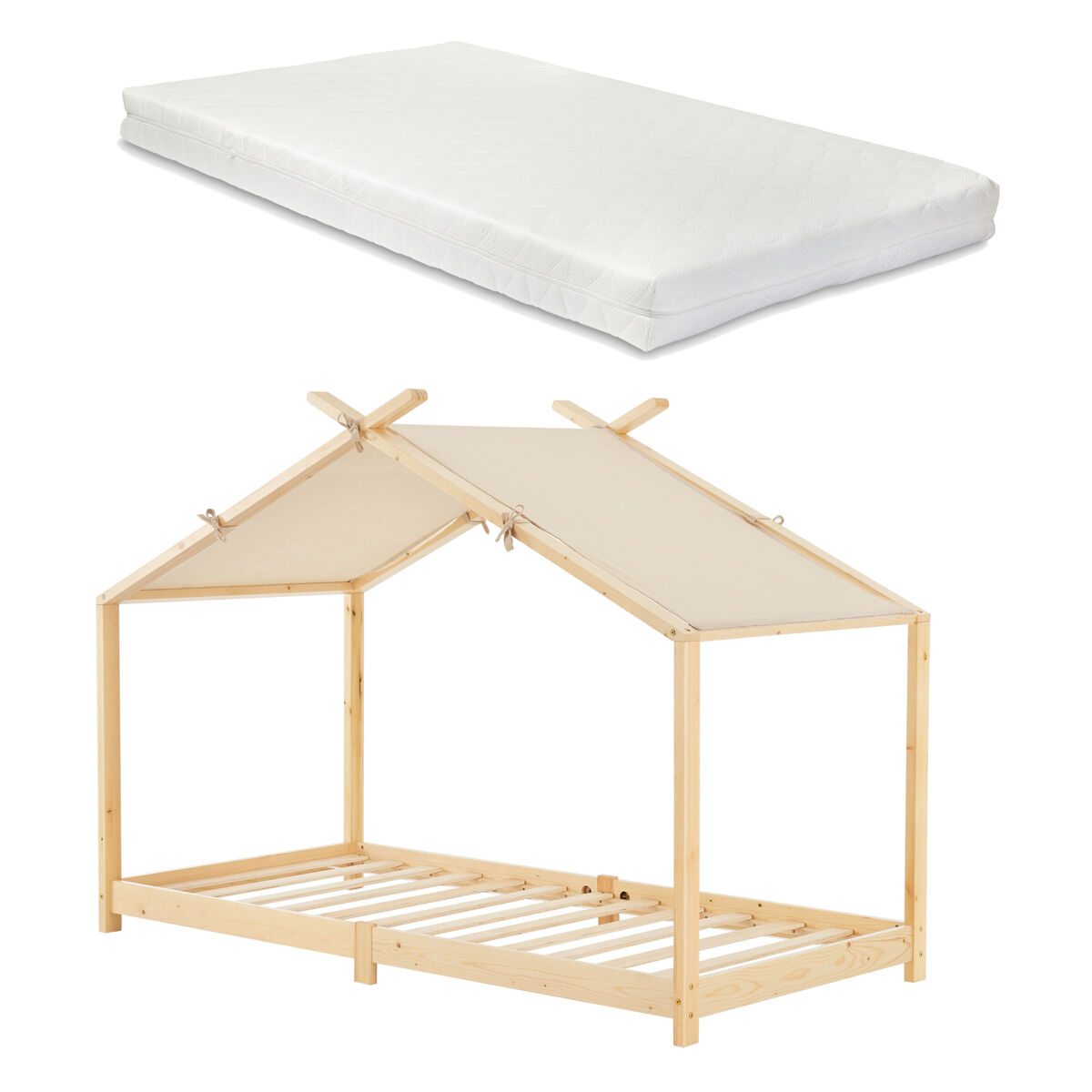 Cama de criança brome em forma de casa com colchão e teto amovível em madeira de pinho 90 x 200 cm - natural bege [en.casa]