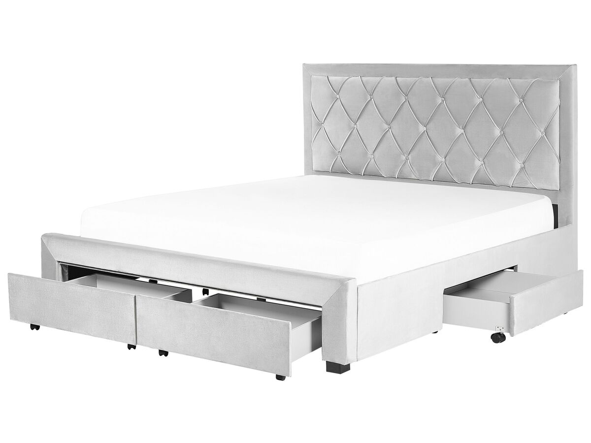 Beliani Cama con cajones Terciopelo LIEVIN 185x217 Cinza Claro