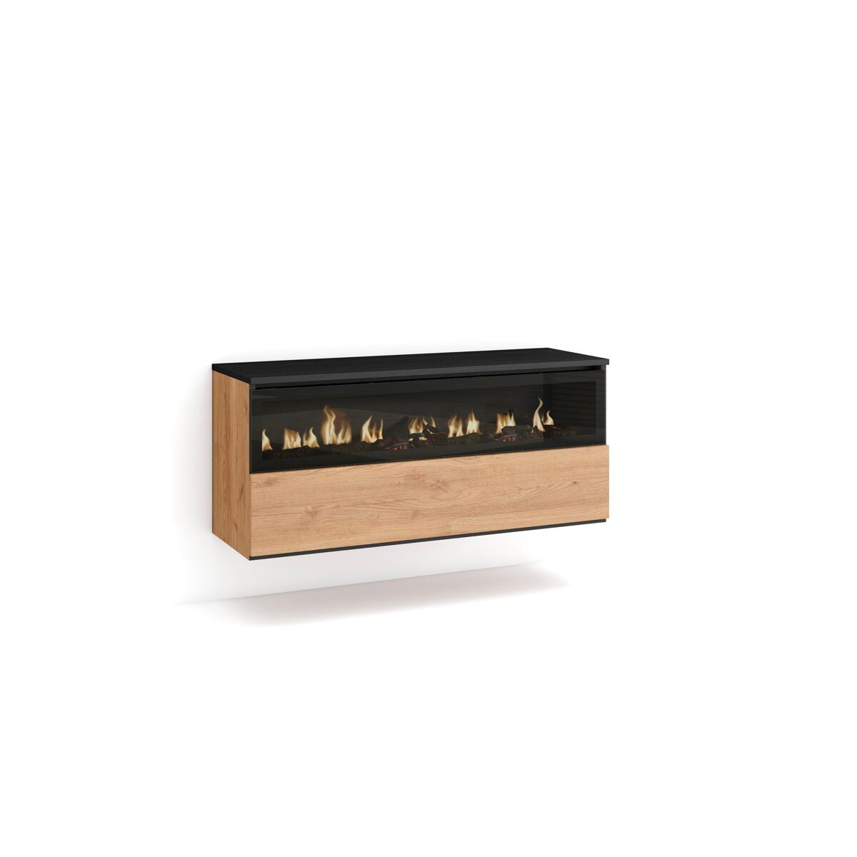 Lareira eléctrica led, sem aquecimento, 102x45x35cm, 1 abertura, 1 porta, lareira eléctrica, suspensa, suspensão, estilo moderno, carvalho e preto
