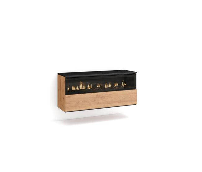 Lareira eléctrica led, sem aquecimento, 102x45x35cm, 1 abertura, 1 porta, lareira eléctrica, suspensa, suspensão, estilo moderno, carvalho e preto