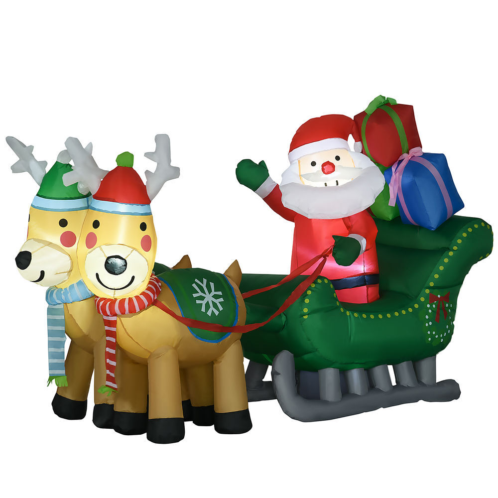 Homcom decoração insuflável de natal pai natal com trenó e 2 renas decoração de natal com 4 luzes led para jardim pátio 210x70x125 cm multicor