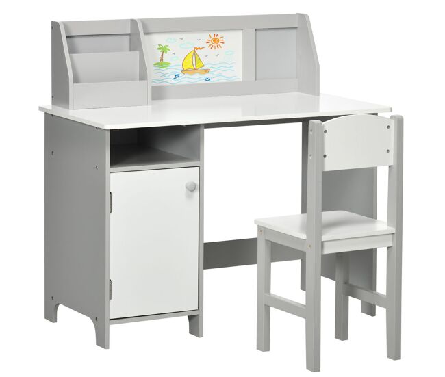 Homcom conjunto de mesa e cadeira infantil de madeira com quadro branco mesa de estudo para crianças acima de 5 anos móvel escritório infantil