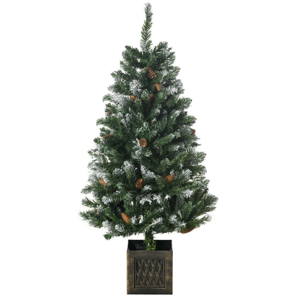 Homcom árvore de natal artificial com vaso 120 cm árvore de natal com neve com 328 ramos 20 pinhas e suporte de metal decoração de natal interior verde
