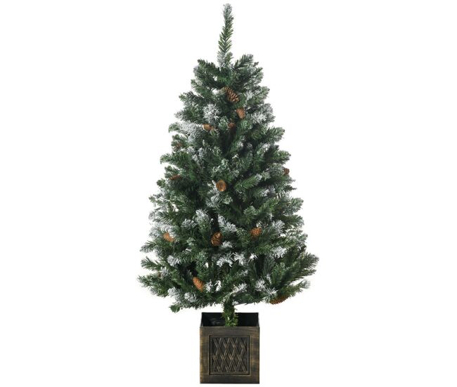 Homcom árvore de natal artificial com vaso 120 cm árvore de natal com neve com 328 ramos 20 pinhas e suporte de metal decoração de natal interior verde