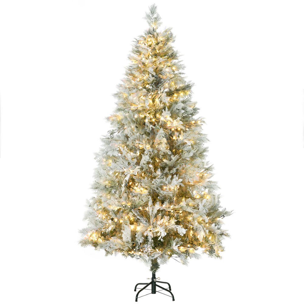 Homcom árvore de natal artificial 180 cm com 300 luzes led brancas quente árvore de natal nevada com 577 ramos e base dobrável decoração de natal para