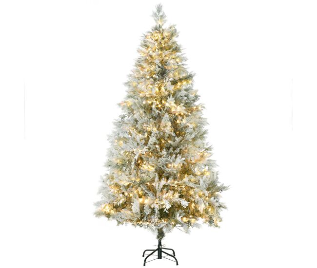 Homcom árvore de natal artificial 180 cm com 300 luzes led brancas quente árvore de natal nevada com 577 ramos e base dobrável decoração de natal para