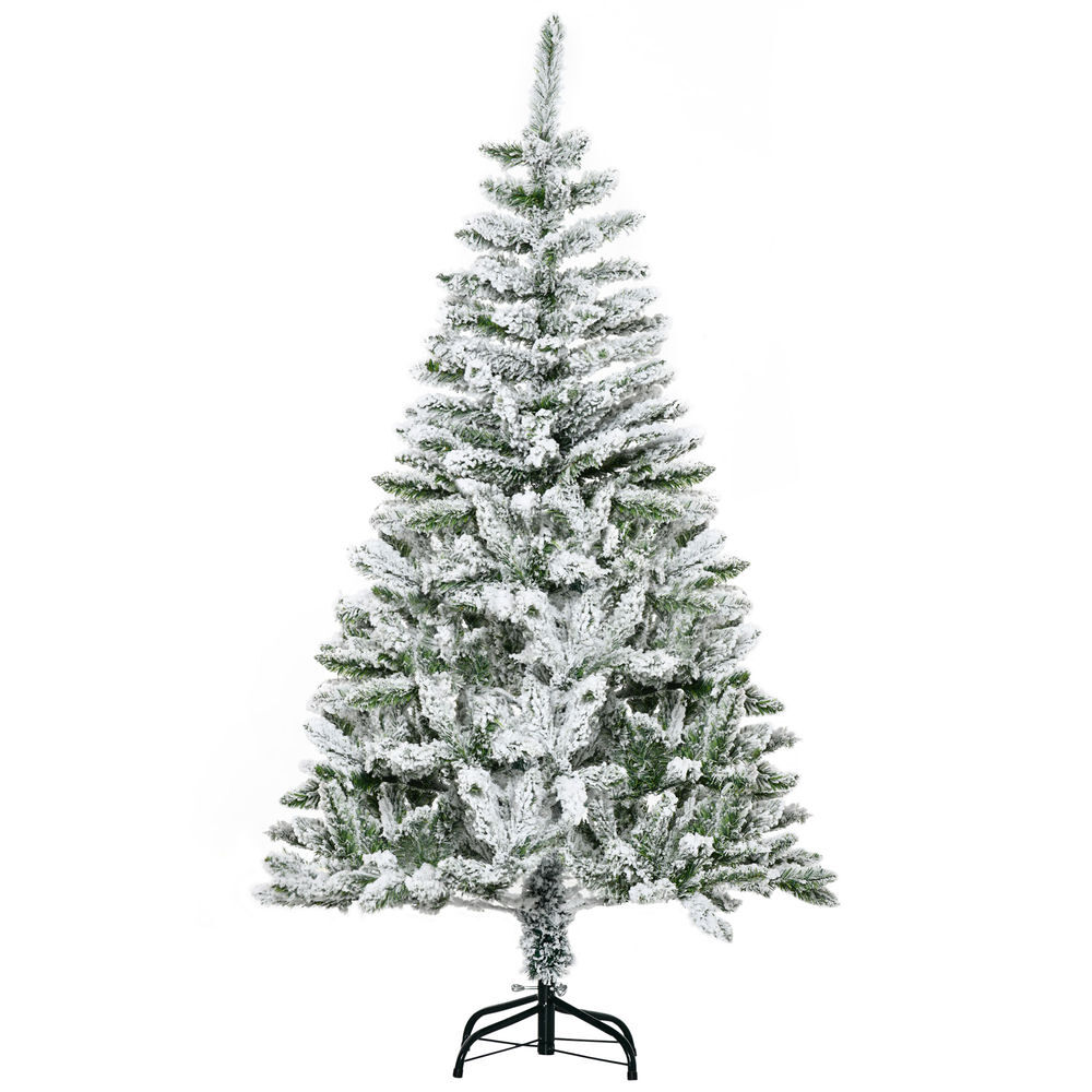 Homcom árvore de natal artificial 150 cm com neve ignífugo com 358 ramos folhas de pvc base dobrável e suporte metálico decoração de natal para