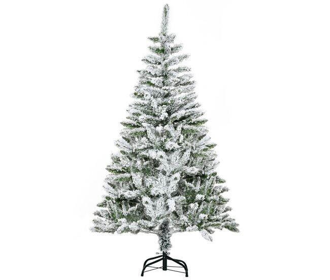 Homcom árvore de natal artificial 150 cm com neve ignífugo com 358 ramos folhas de pvc base dobrável e suporte metálico decoração de natal para