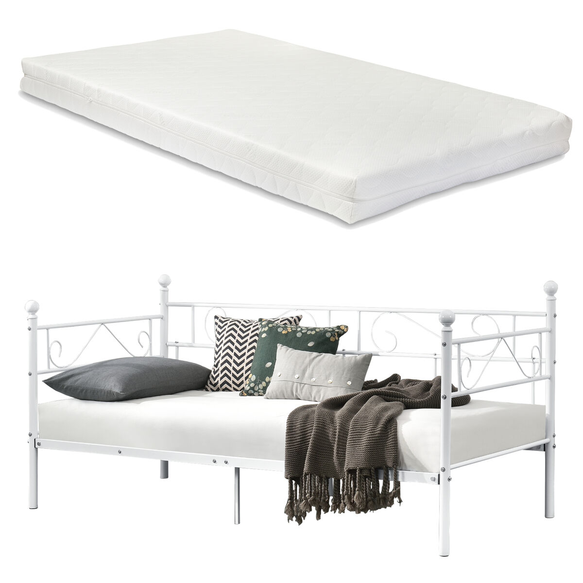 Cama individual granada com colchão metálico de espuma fria 100x200 cm- branco [en.casa]