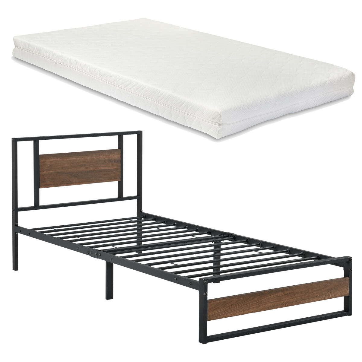 Cama individual villach com estrado de molas e colchão 90 x 200cm- efeito preto mate e nogueira [en.casa]