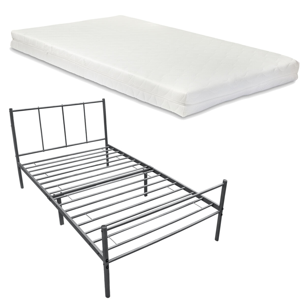 Cama individual laos com estrado metálico e colchão 90 x 200 cm- cinzento escuro mate [en.casa]