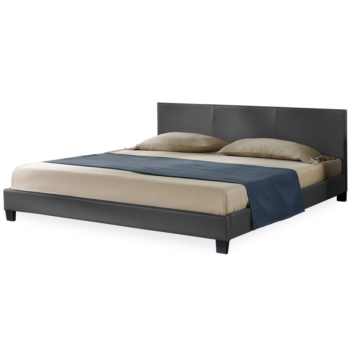 Cama casal albacete estofada em pele sintética 140x200cm cinzento escuro [corium]