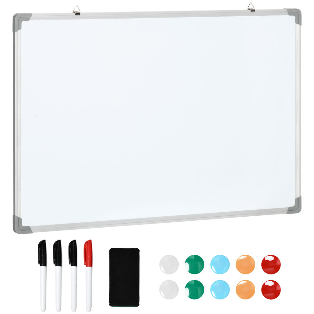 Homcom quadro magnético com estrutura de liga de alumínio 90x60 cm quadro magnético com apagador 4 marcadores e 10 ímás para escritório casa blanc