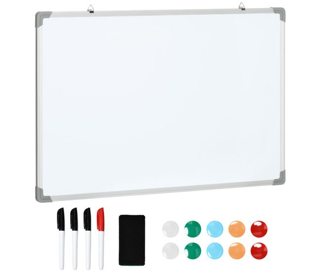 Homcom quadro magnético com estrutura de liga de alumínio 90x60 cm quadro magnético com apagador 4 marcadores e 10 ímás para escritório casa blanc