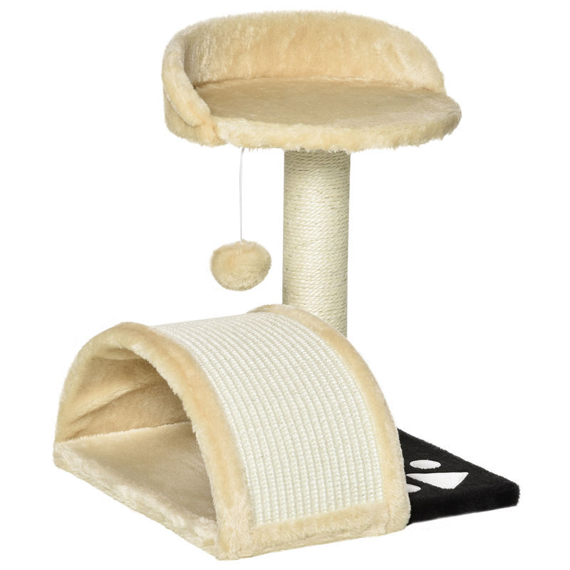 Pawhut árvore arranhador para gatos pequena altura 46 cm de 2 níveis com poste e tapete de arranhar cama e bola suspensa 35,5x37x46 cm bege