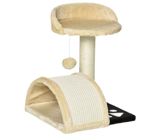 Pawhut árvore arranhador para gatos pequena altura 46 cm de 2 níveis com poste e tapete de arranhar cama e bola suspensa 35,5x37x46 cm bege