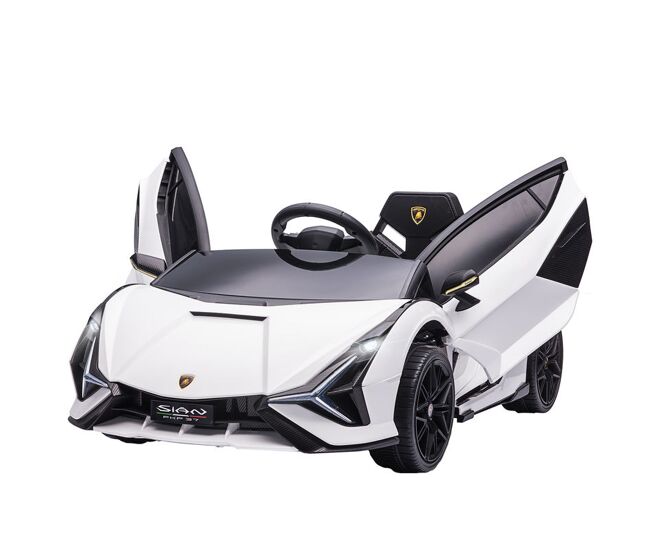 Homcom carro électrique lamborghini sian 12v para enfants acima de 3 anos com controle remoto abertura da porta música mp3 usb e faróis 108x62x40 cm blanc