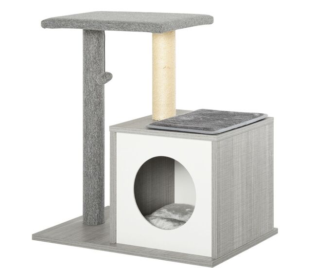 Pawhut arranhador para gatos 59x39x62 cm arranhador para gatos de 3 níveis com plataformas poste de arranhar caverna espaçosa almofadas amovíveis e