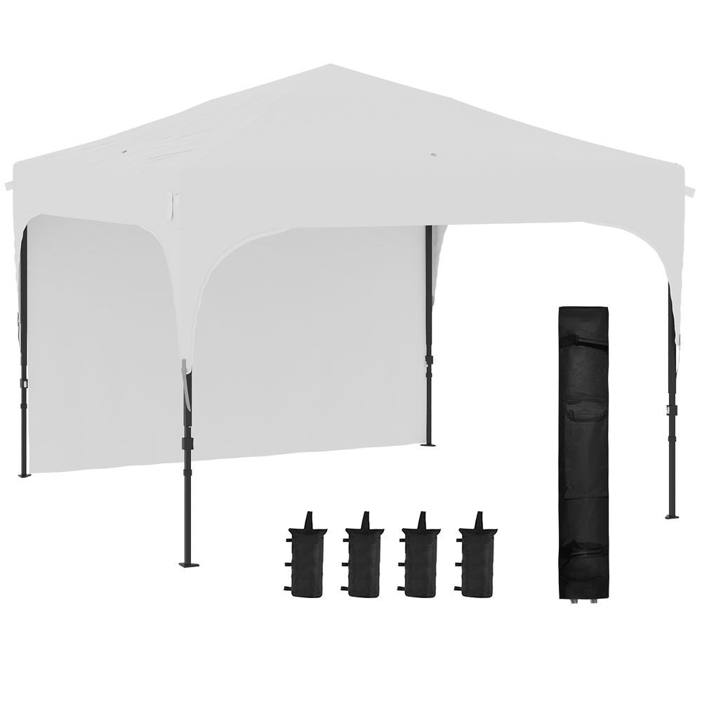 Outsunny tenda dobrável 3x3m com altura ajustável tenda de jardim com 1 parede lateral teto com ventilação 4 sacos de areia e bolsa de transporte para campismo festas branco