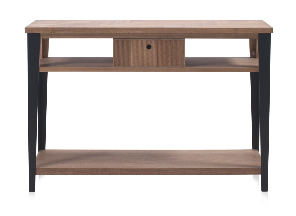 Console de madeira de freixo com gaveta e base de metal