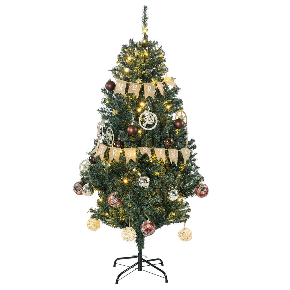 Homcom árvore de natal artificial 150 cm com 100 luzes led árvore de natal com 472 ramos e 80 decorações para interior aço ø91x150 cm verde