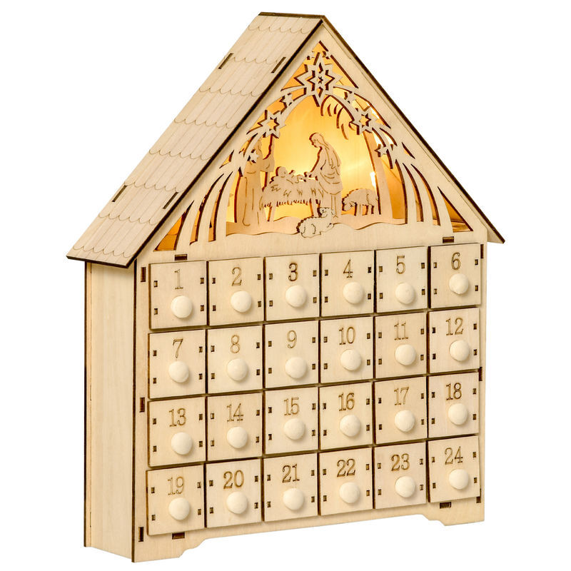 Homcom calendário de advento de madeira com luzes calendário de advento com 24 caixas de contagem regressiva decoração de natal 26,6x6x30 cm madeira