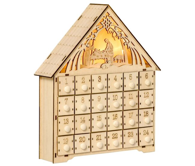 Homcom calendário de advento de madeira com luzes calendário de advento com 24 caixas de contagem regressiva decoração de natal 26,6x6x30 cm madeira