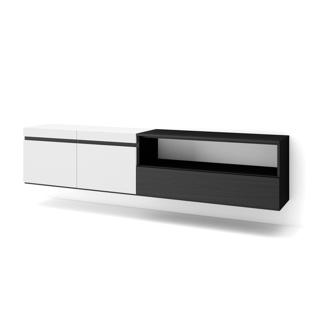 Móvel de tv, muito espaço de arrumação, 200x35x45cm, para televisores até 80", suspensos, estilo moderno, branco e preto