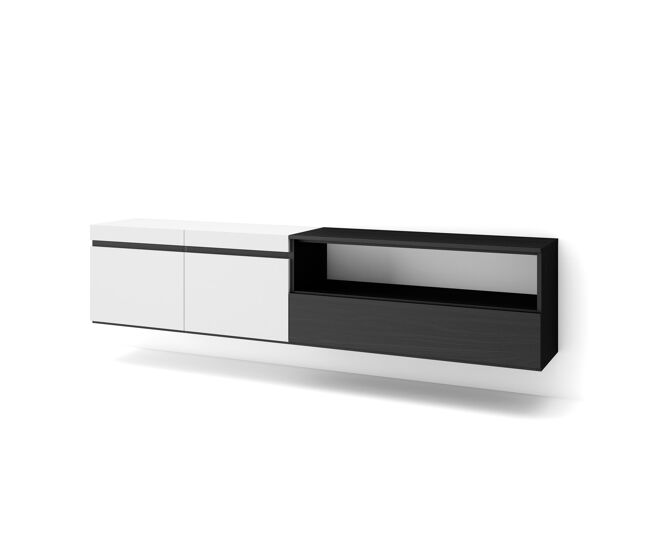 Móvel de tv, muito espaço de arrumação, 200x35x45cm, para televisores até 80", suspensos, estilo moderno, branco e preto