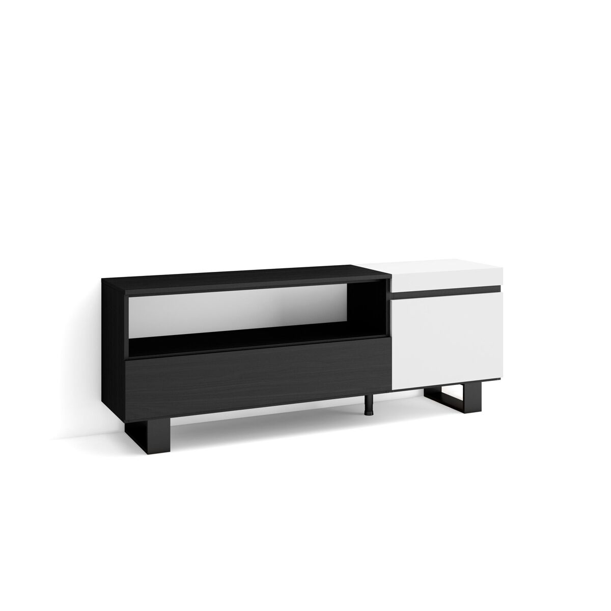 Móvel de tv, muito espaço de arrumação, 150x35x57cm, para televisores até 65", design industrial, estilo moderno, branco e preto