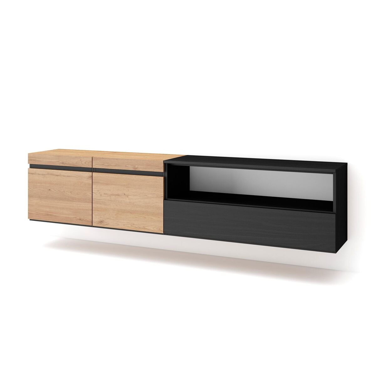 Móvel de tv, muito espaço de arrumação, 200x35x45cm, para televisores até 80", suspensos, estilo moderno, carvalho e preto
