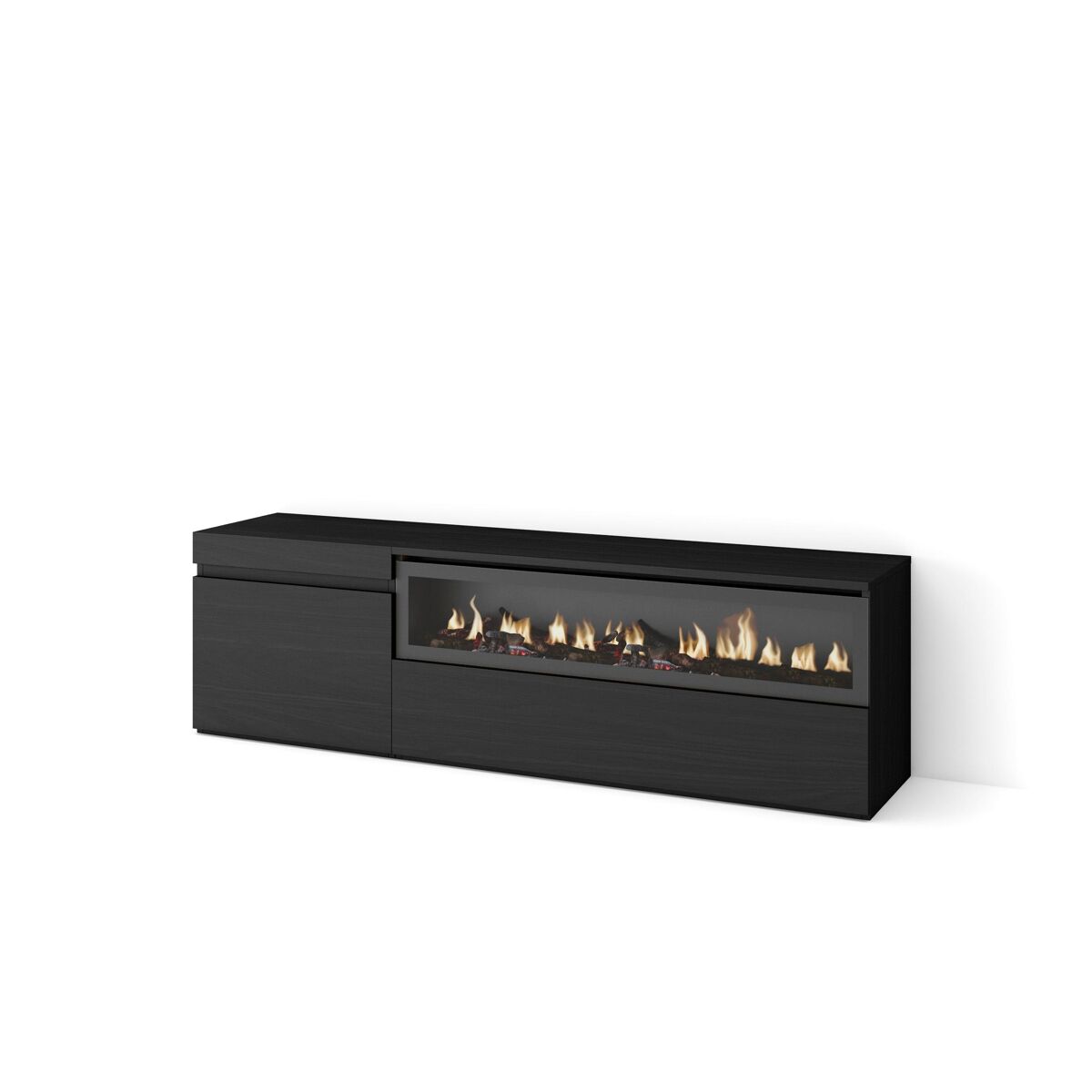 Móvel de tv, muito espaço de arrumação, 150x35x45cm, para televisores até 65", lareira eléctrica, estilo moderno, preto