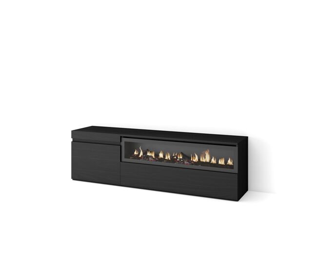 Móvel de tv, muito espaço de arrumação, 150x35x45cm, para televisores até 65", lareira eléctrica, estilo moderno, preto