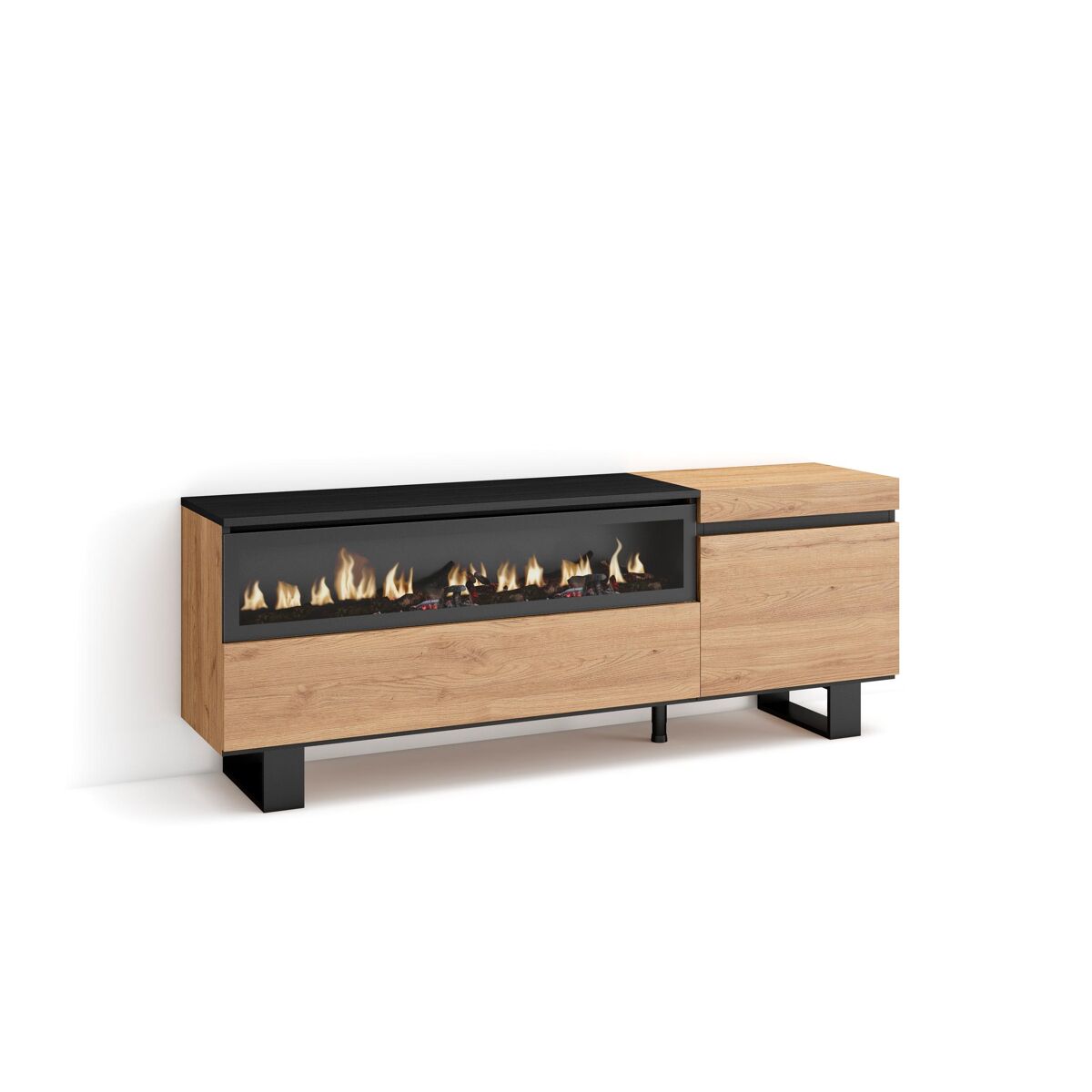 Móvel de tv, muito espaço de arrumação, 150x35x57cm, para televisores até 65", lareira eléctrica, design industrial, estilo moderno, carvalho e preto