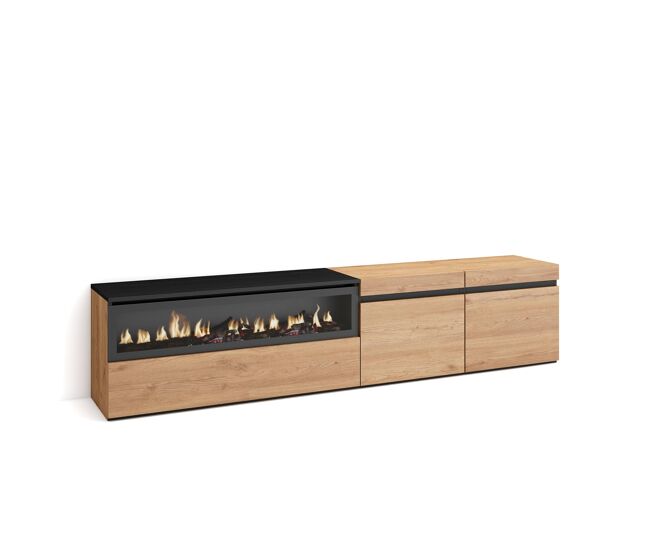 Móvel de tv, muito espaço de arrumação, 200x35x45cm, para televisores até 80", lareira eléctrica, estilo moderno, carvalho e preto