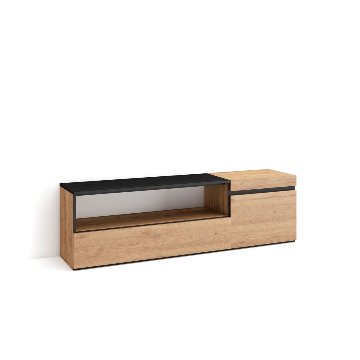Móvel de tv, muito espaço de arrumação, 150x35x45cm, para televisores até 65", estante para tv, estilo moderno, carvalho e preto