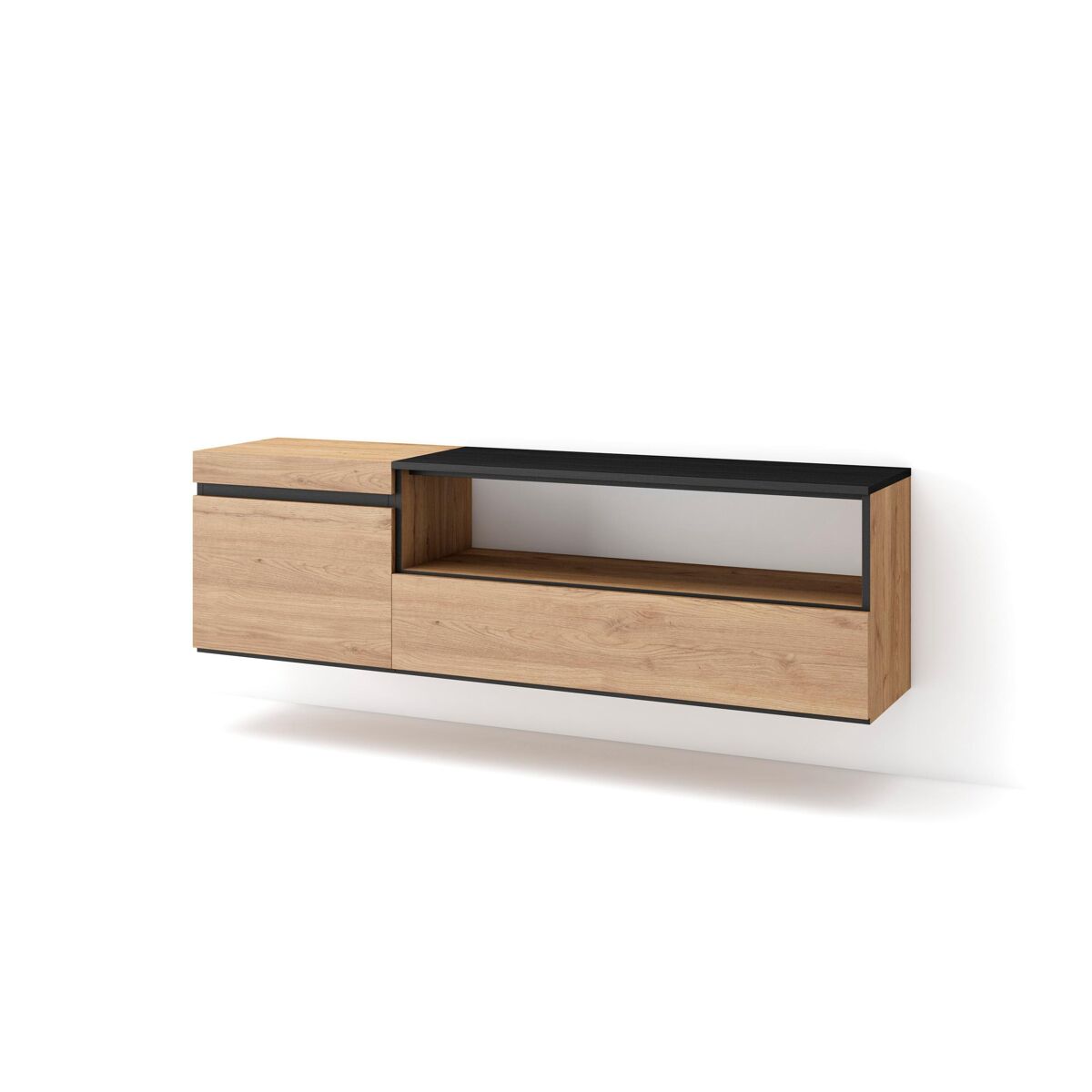 Móvel de tv, muito espaço de arrumação, 150x35x45cm, para televisores até 65", suspensos, estilo moderno, carvalho e preto